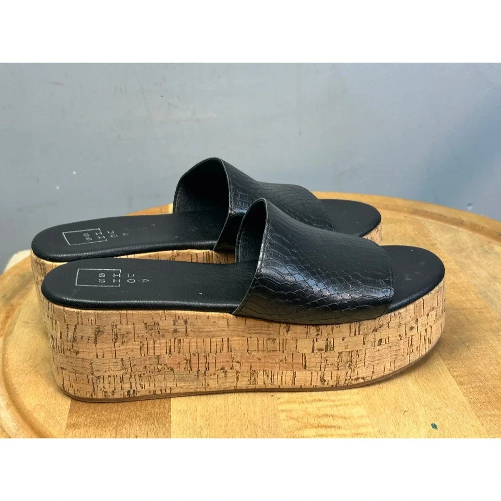 Shu Shop Platform Slides Womens 7.5‎ Black Milagros Snakeskin Cork Wedge Sandals